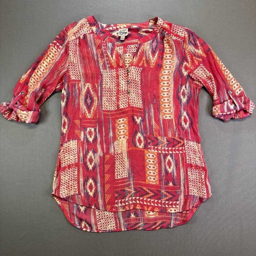 Como Vintage Women’s Top Blouse Size Large Red Multicolor Geometric Roll Sleeve
